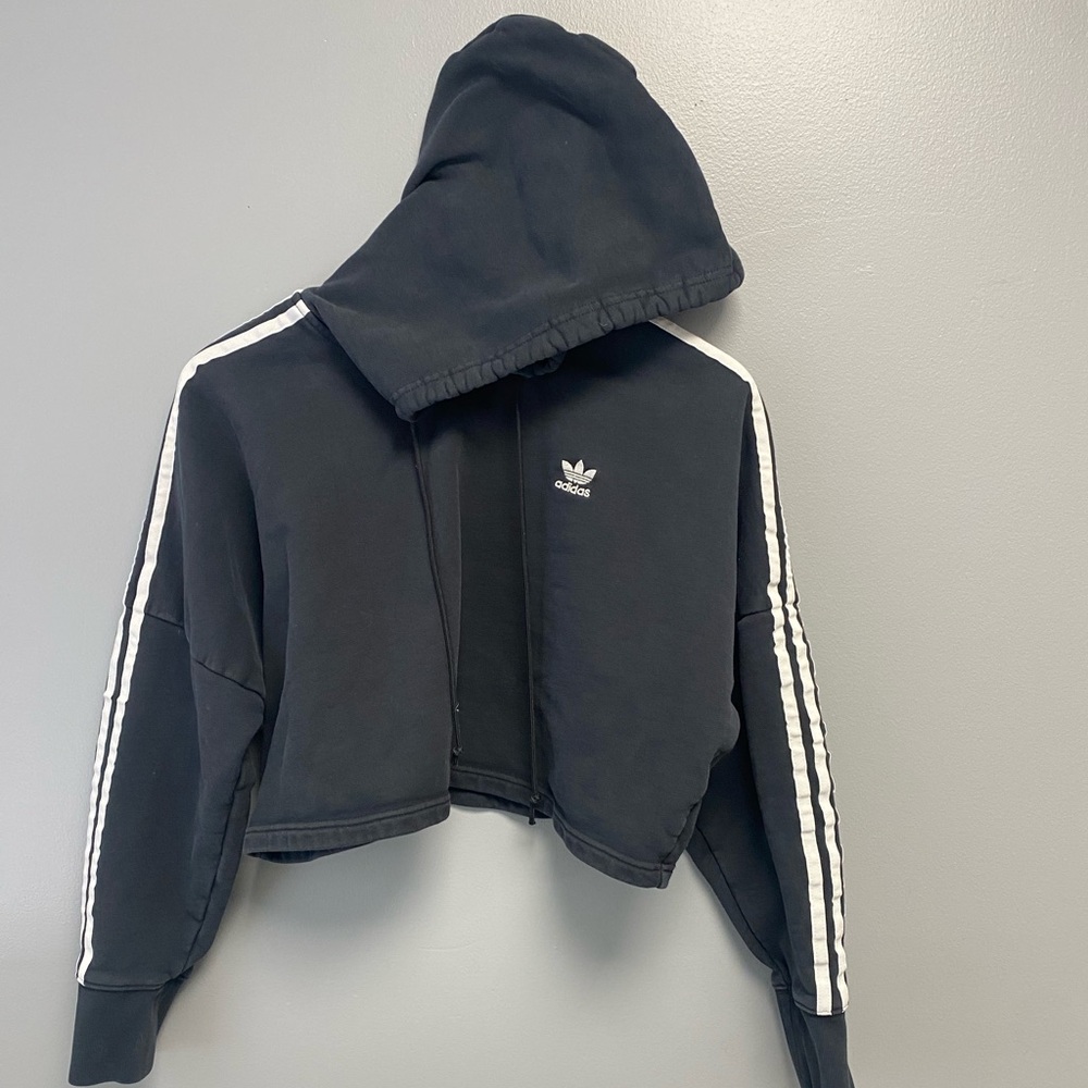 Adidas Cropped Hoodie Womens Size S Black White Long Sleeve Sweatshirt Pull-Over